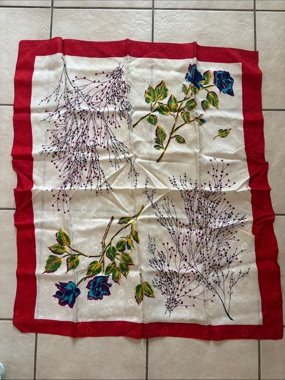 Vintage Floral Silk-Style Square Scarf - Red Border, Cream & Mixed Floral Center - Picture 2 of 7